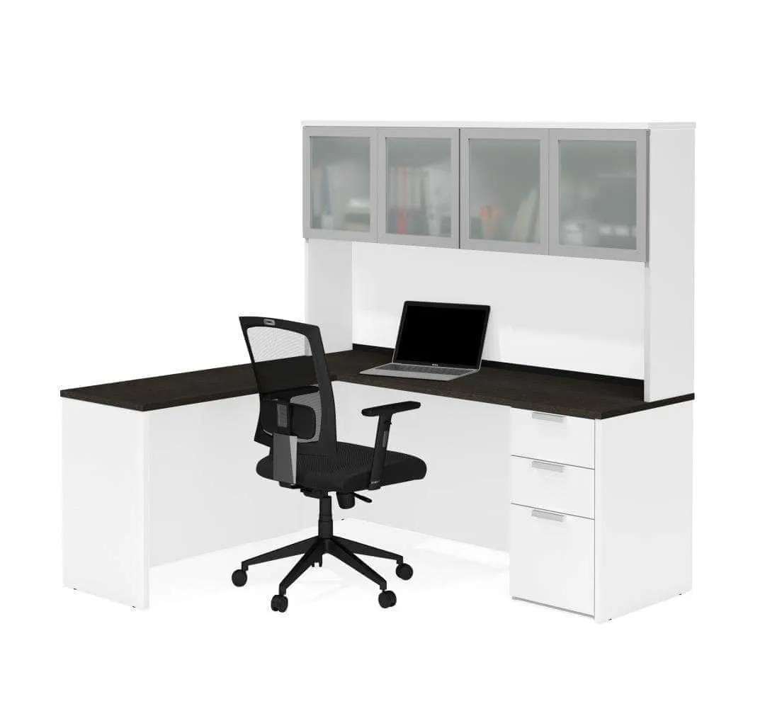 Pro-Concept Plus L-Shaped Desk with Pedestal and Frosted Glass Door Hutch - Available in 2 Colours