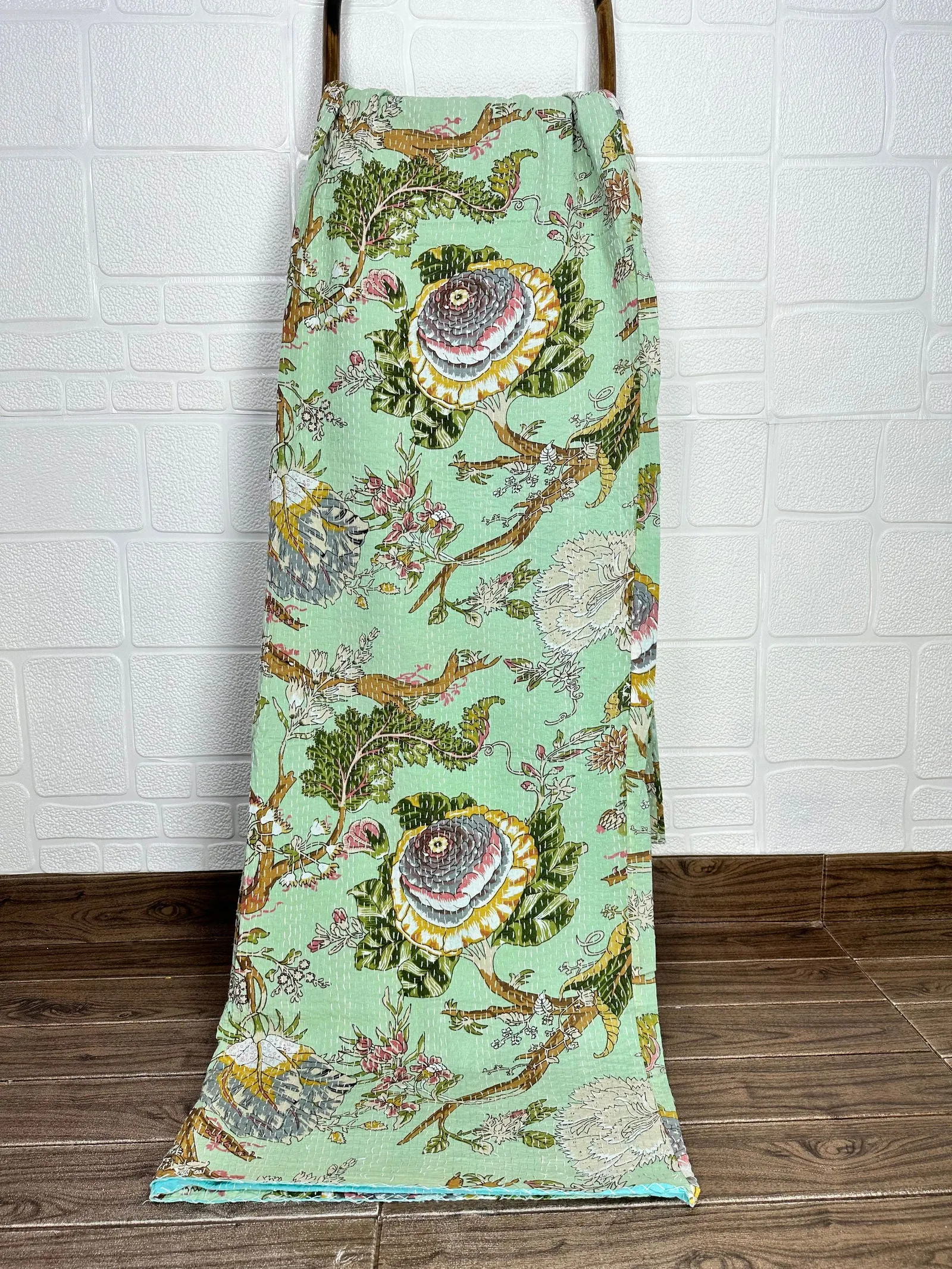 Pure Cotton Kantha Stitch Throw | Indian Hand Block Quilted King Size Bedspread/Sofa Cover Home Decor | Floral Reversible Print Green