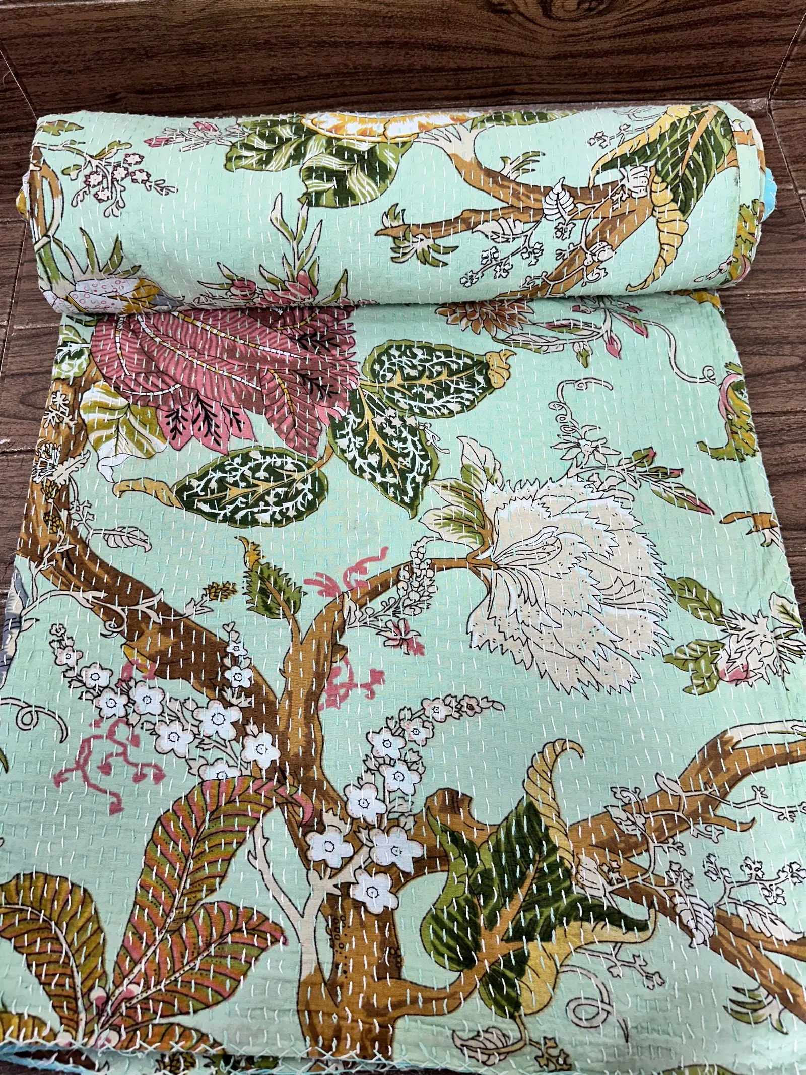 Pure Cotton Kantha Stitch Throw | Indian Hand Block Quilted King Size Bedspread/Sofa Cover Home Decor | Floral Reversible Print Green