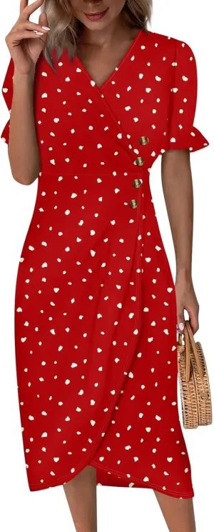 Shift Dresses for Women Faux Wrap Irregular Hem Boho Midi-Dress Elegant Summer 2024