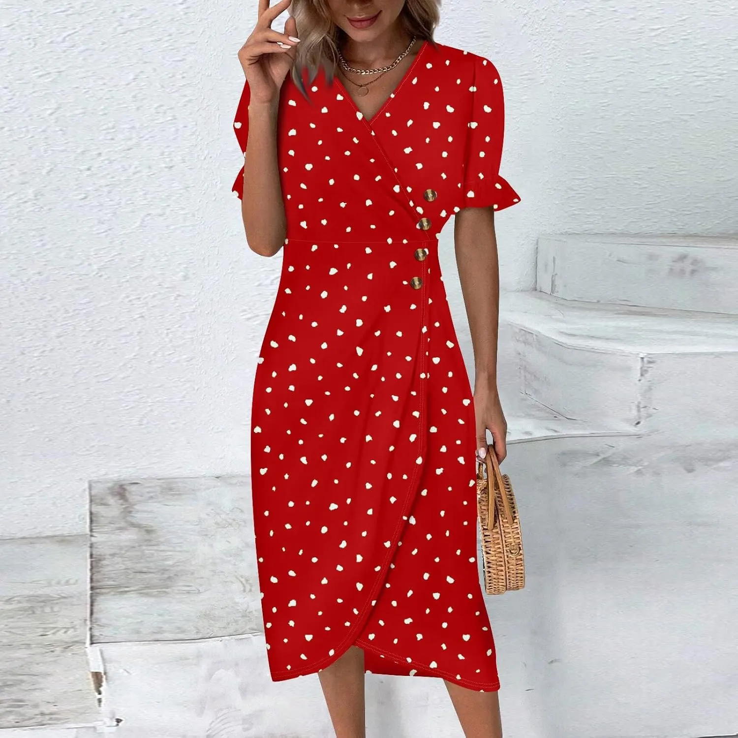 Shift Dresses for Women Faux Wrap Irregular Hem Boho Midi-Dress Elegant Summer 2024