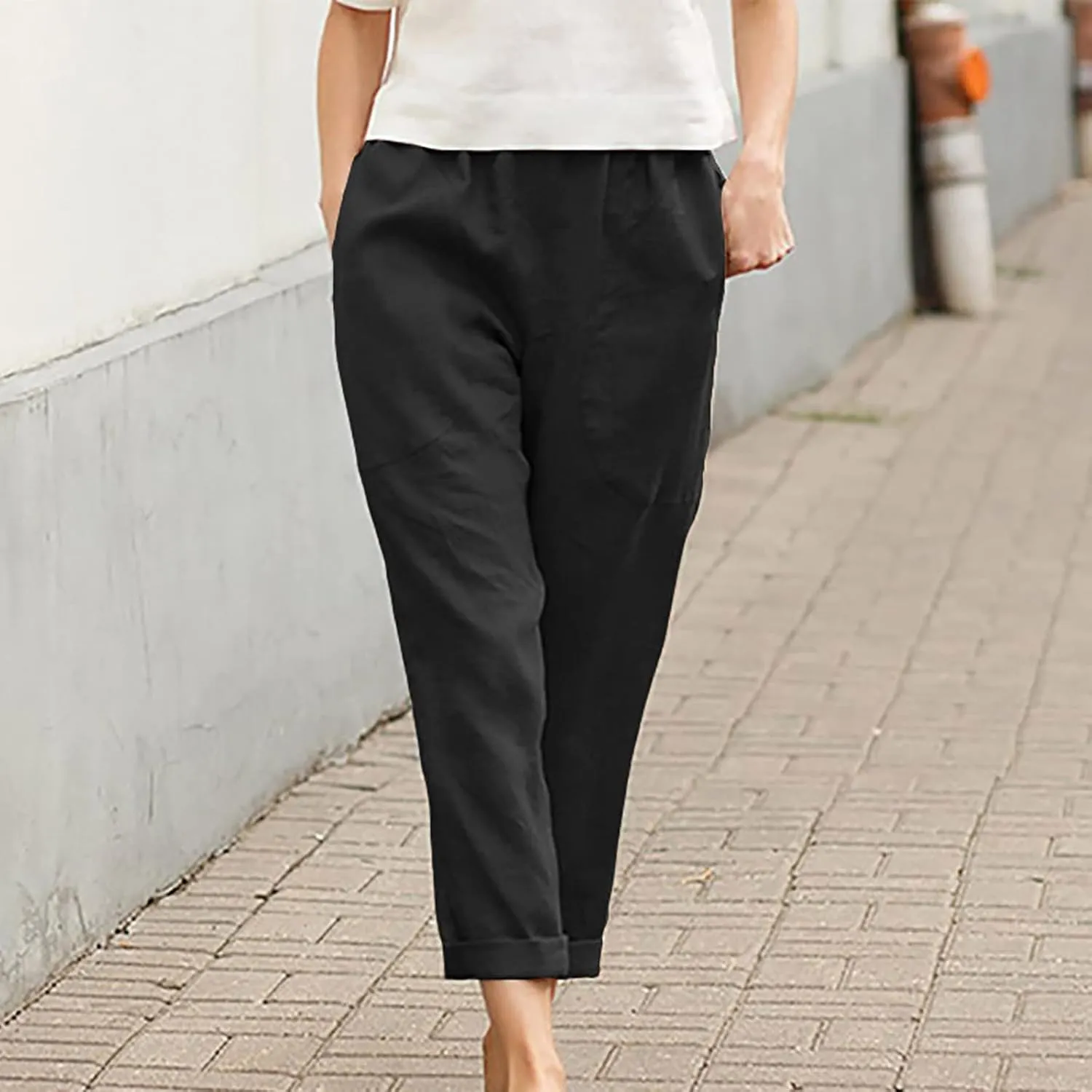 SMIDOW Womens Cotton Linen High Waist Pants Plus Size Casual Elastic Straight Leg Cropped Pant Trousers with Pockets