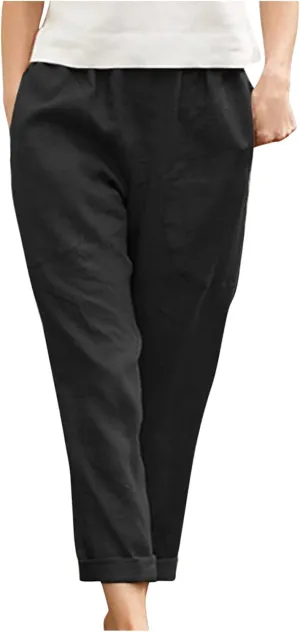 SMIDOW Womens Cotton Linen High Waist Pants Plus Size Casual Elastic Straight Leg Cropped Pant Trousers with Pockets