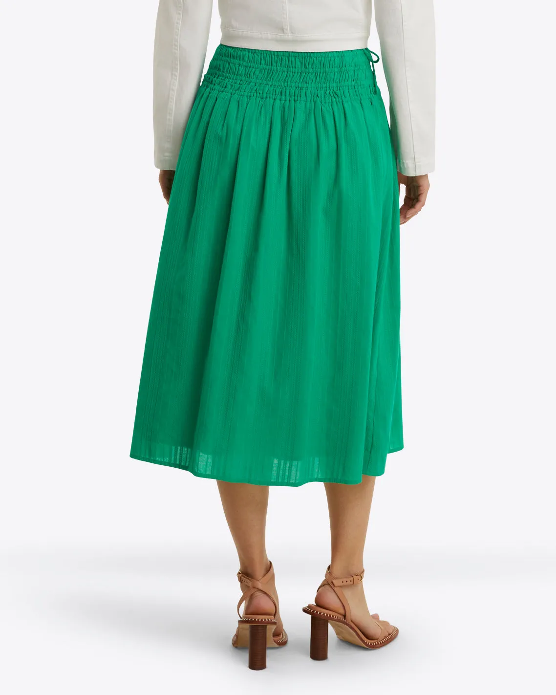 Smocked Waist Midi Skirt in Cotton Dobby