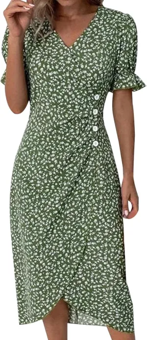 Spring Dresses For Women 2025 Bubble Sleeve Split Irregular Hem V-neck Elegant Dress Button Floral Casual Sundress