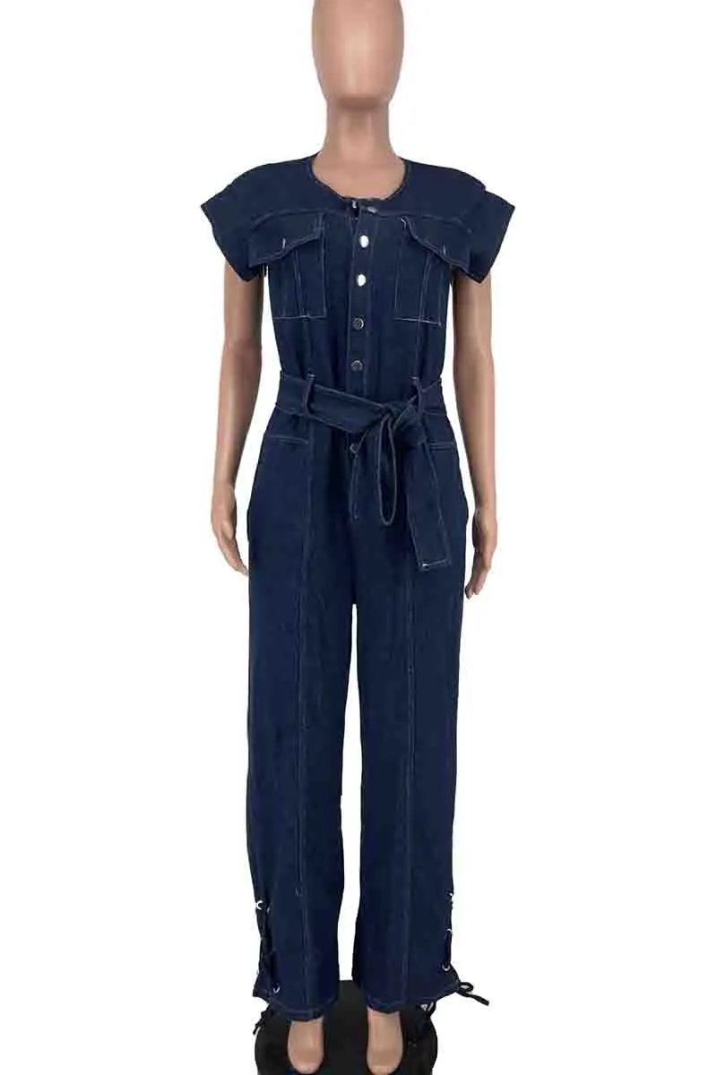 Street Pocket Buckle Patchwork Cross Straps Strap Design Cardigan Collar High Waist Regular Denim Jumpsuits