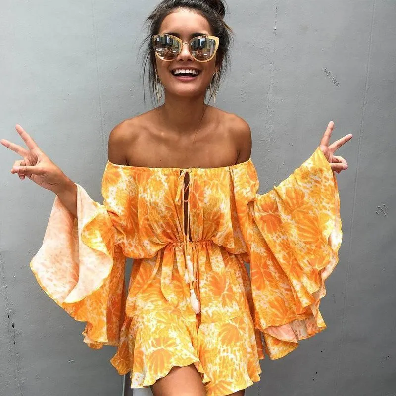 Stylish bohemia floral print jumpsuits shoulder-off sexy beach short romper
