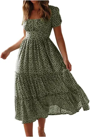 Summer Dresses for Women 2025 Casual Plus Size Dresses Boho Short Sleeve Beach Sundresses Flowy Print Midi Dress