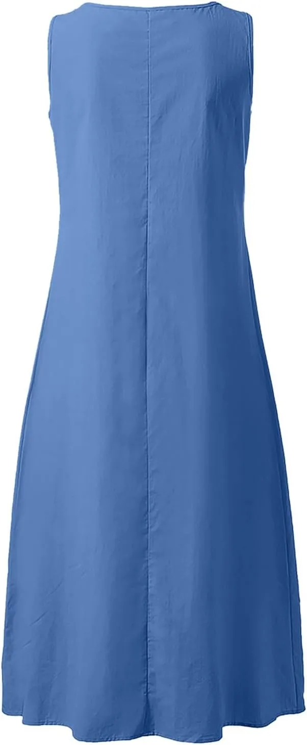 Summer Dresses for Women Casual Sleeveless Cotton Linen Sundresses V Neck Flowy Beach Vacation Dress with Pockets