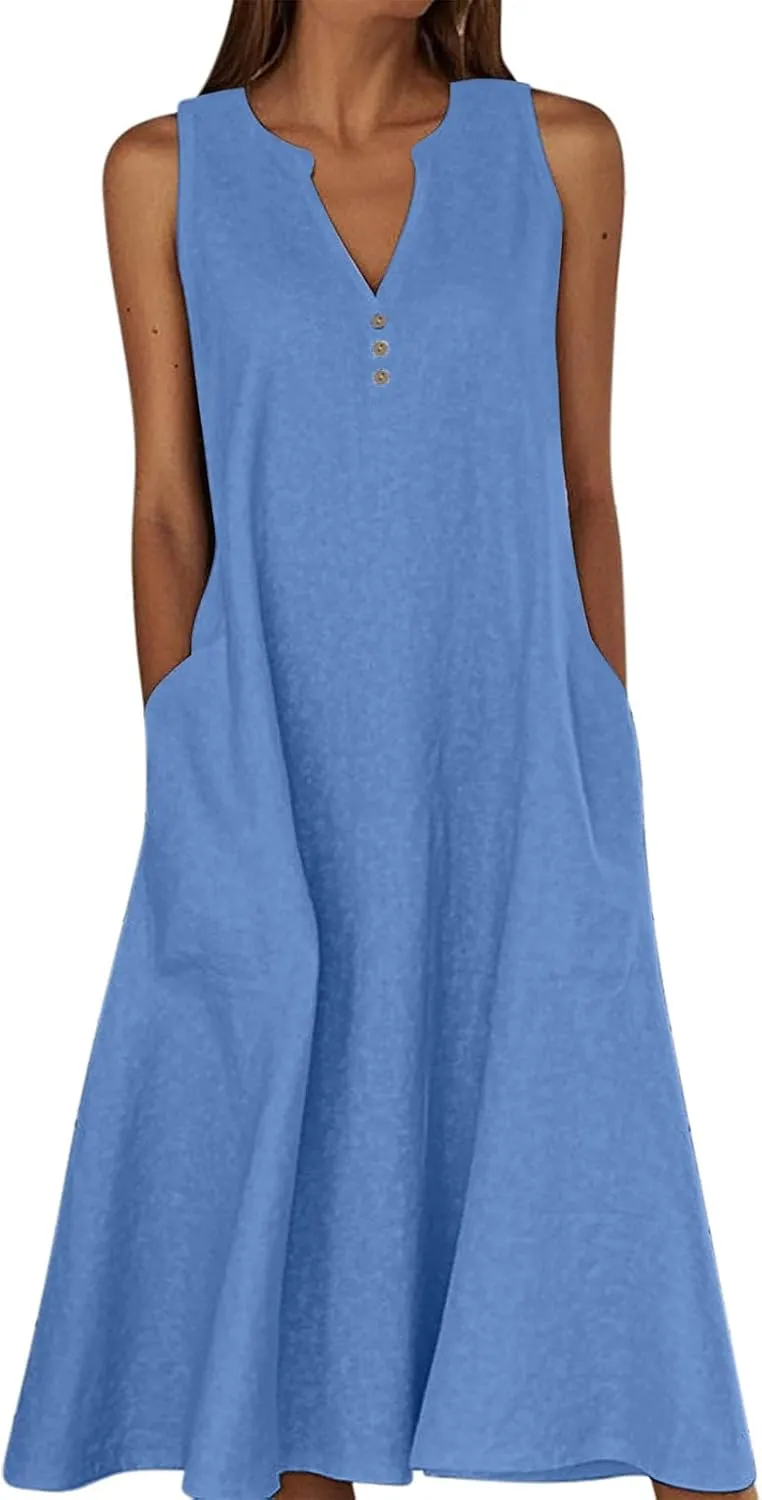 Summer Dresses for Women Casual Sleeveless Cotton Linen Sundresses V Neck Flowy Beach Vacation Dress with Pockets