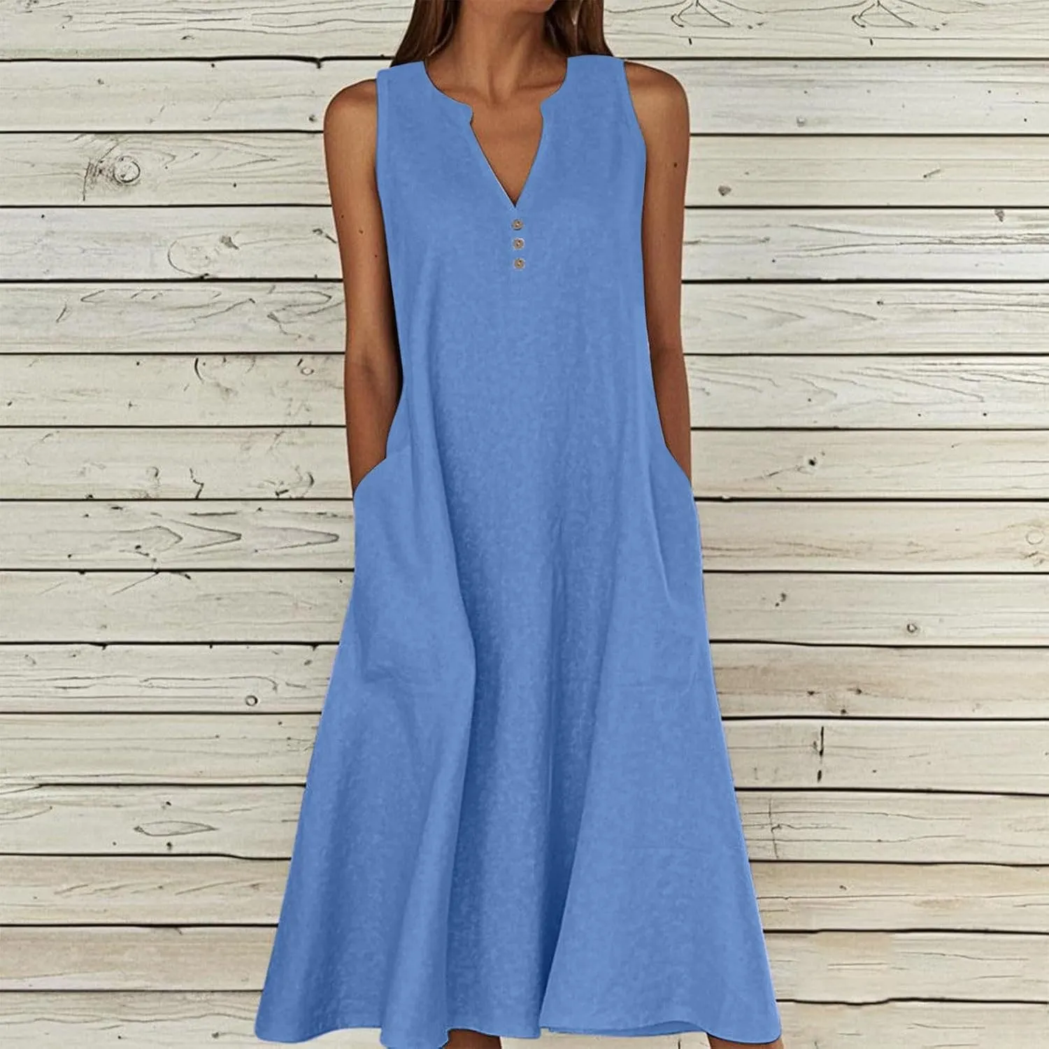 Summer Dresses for Women Casual Sleeveless Cotton Linen Sundresses V Neck Flowy Beach Vacation Dress with Pockets