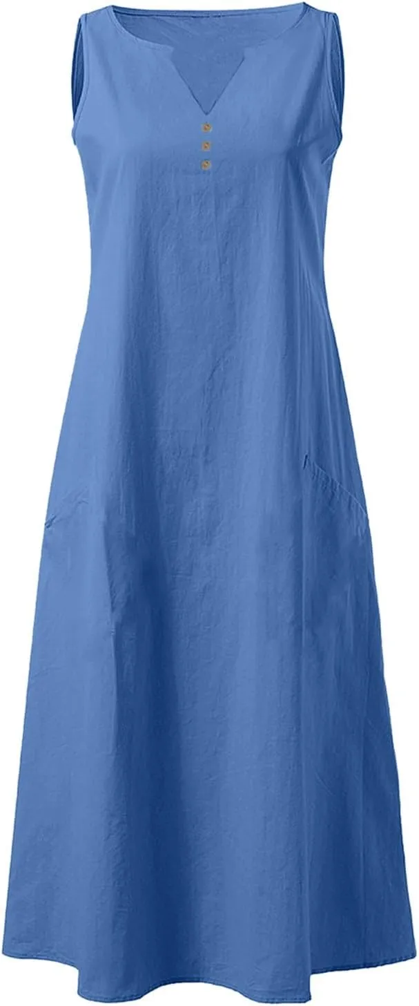 Summer Dresses for Women Casual Sleeveless Cotton Linen Sundresses V Neck Flowy Beach Vacation Dress with Pockets