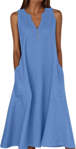 Summer Dresses for Women Casual Sleeveless Cotton Linen Sundresses V Neck Flowy Beach Vacation Dress with Pockets
