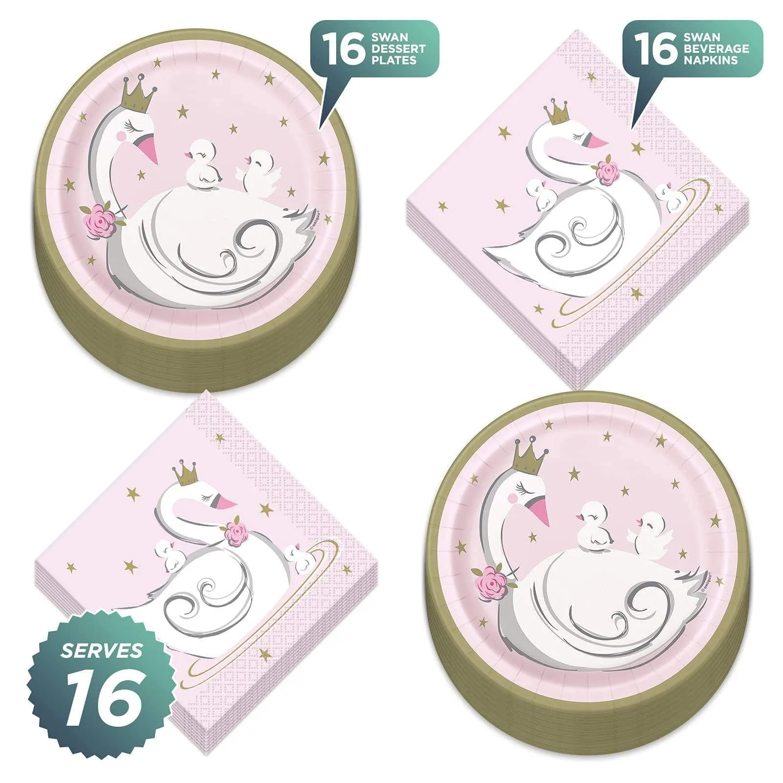 Swan Princess Paper Dessert Plates and Beverage Napkin Set