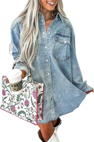 Urchics Womens Summer Dress Beau Blue Chest Pocket Raw Hem Denim Loose Shirt Dress
