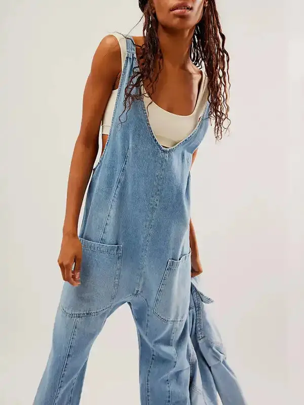 Washed Denim V-neck Jumpsuit Adjustable Overalls