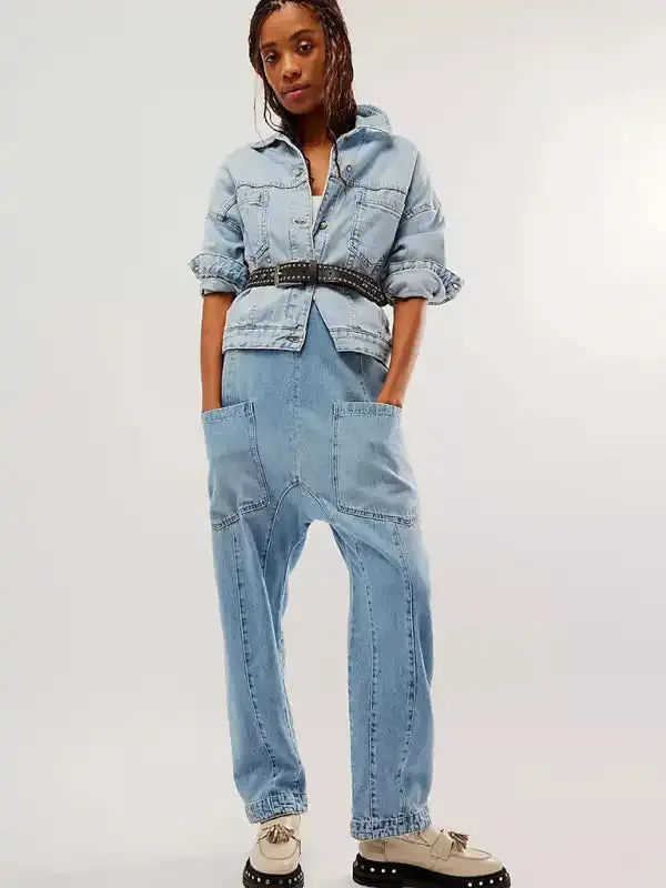 Washed Denim V-neck Jumpsuit Adjustable Overalls