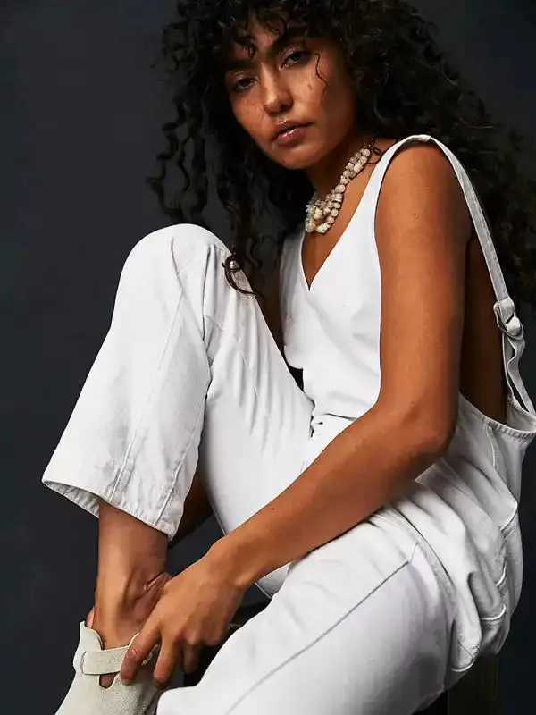 Washed Denim V-neck Jumpsuit Adjustable Overalls
