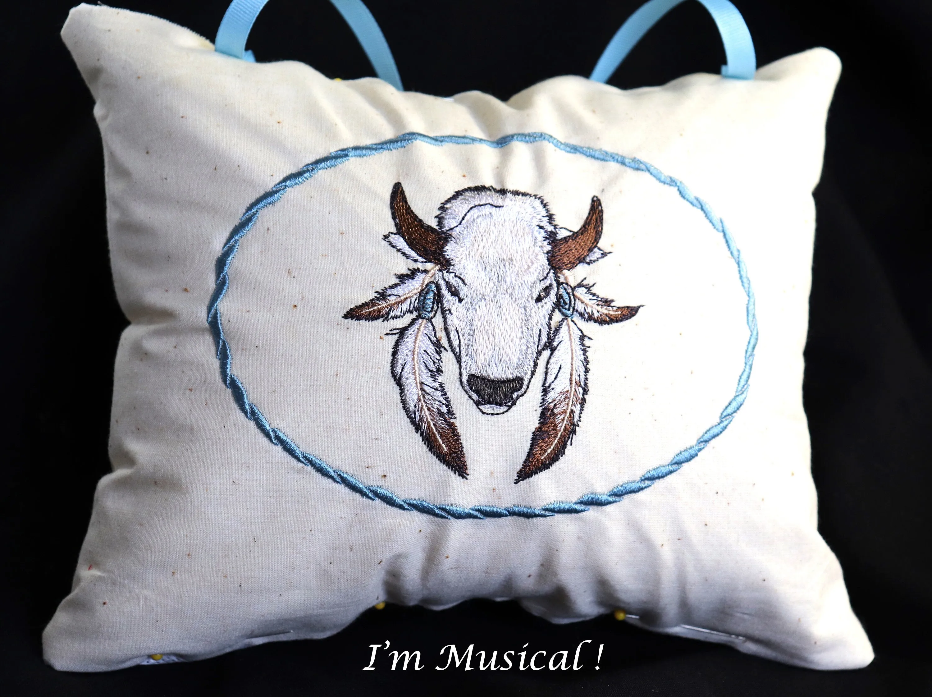 White Bison Music Box Pillow -- Personalized Embroidered MUSICAL Keepsake -- Native American Buffalo