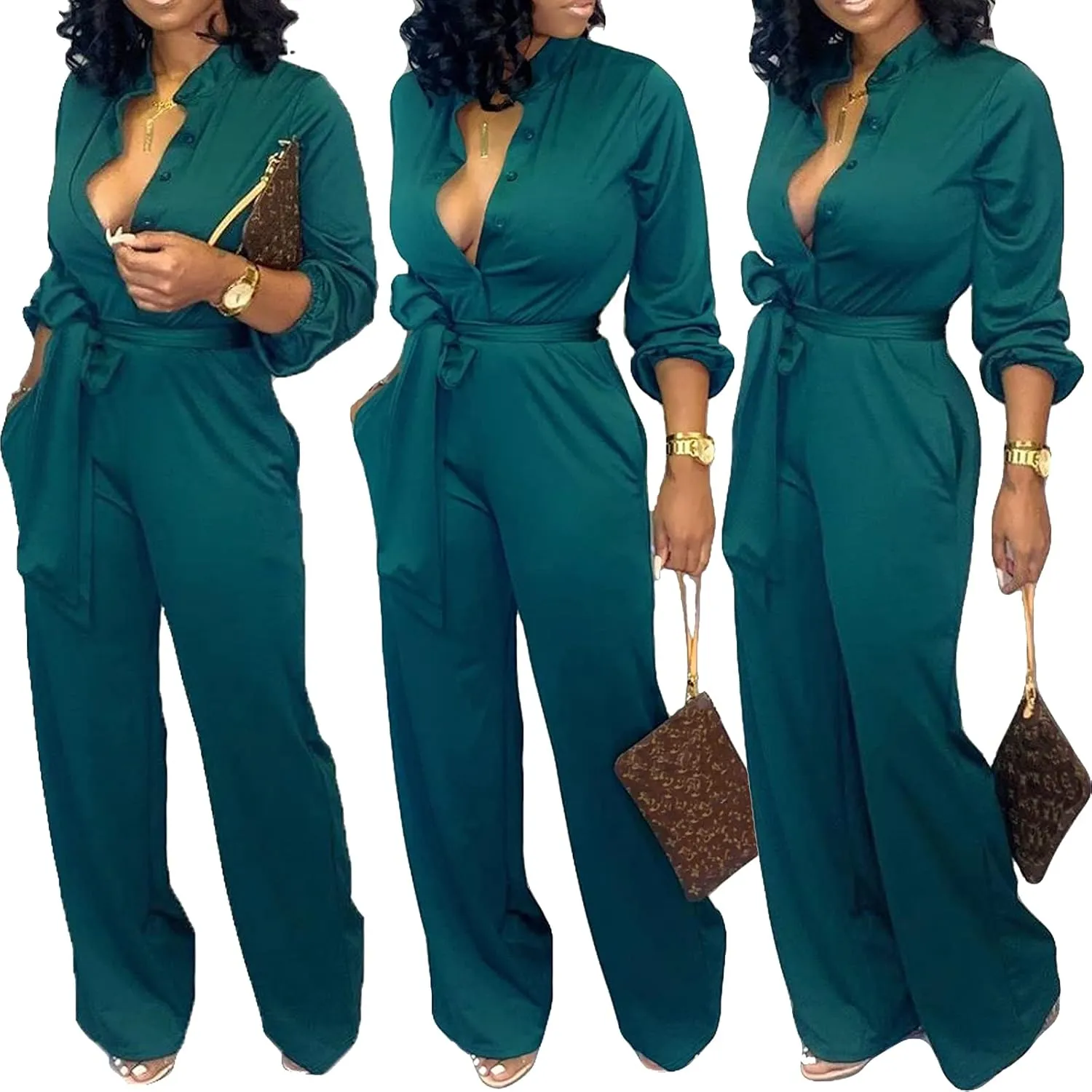Women Jumpsuits For Elegant Sexy V Neck Long Sleeve Casual for Work Wide Leg Pants with Pockets Belt