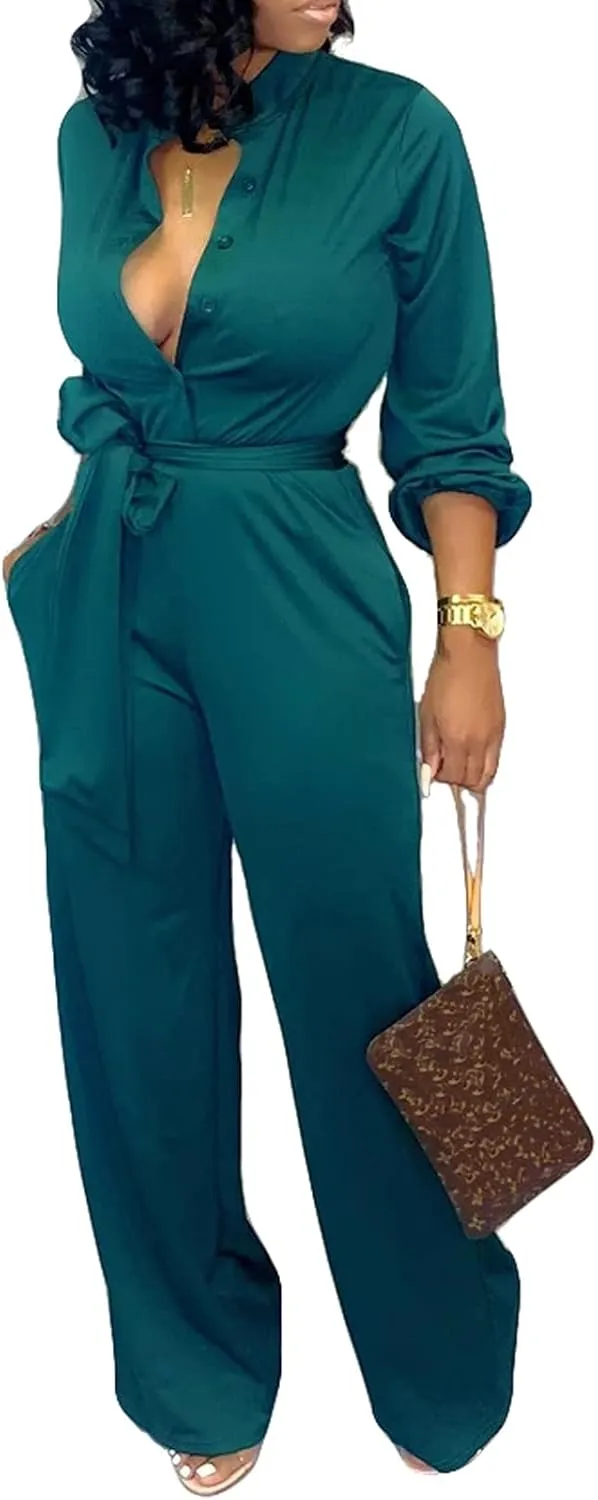 Women Jumpsuits For Elegant Sexy V Neck Long Sleeve Casual for Work Wide Leg Pants with Pockets Belt