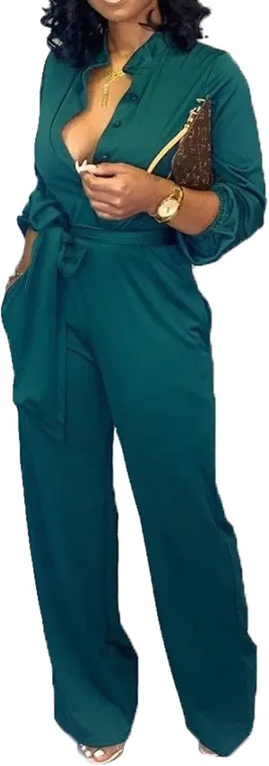 Women Jumpsuits For Elegant Sexy V Neck Long Sleeve Casual for Work Wide Leg Pants with Pockets Belt