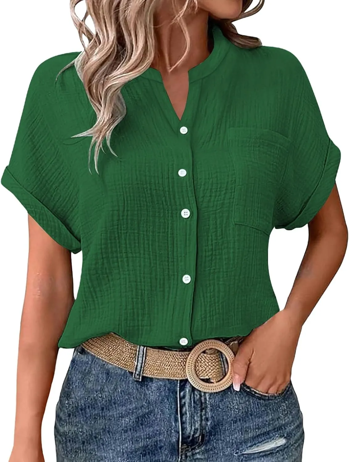 Womens Blouses Casual Tops Batwing Sleeve Pocket Patched Shirt Casual Work Dressy T Shirts Double Layer Wrinkled Fabric