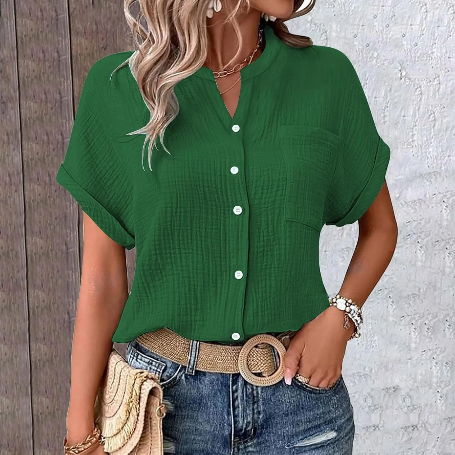 Womens Blouses Casual Tops Batwing Sleeve Pocket Patched Shirt Casual Work Dressy T Shirts Double Layer Wrinkled Fabric