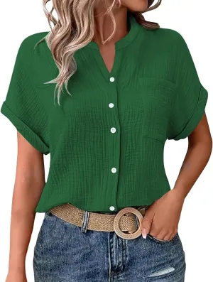 Womens Blouses Casual Tops Batwing Sleeve Pocket Patched Shirt Casual Work Dressy T Shirts Double Layer Wrinkled Fabric
