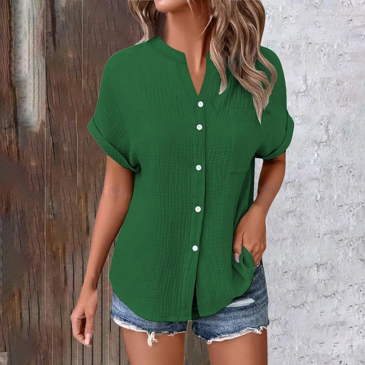 Womens Blouses Casual Tops Batwing Sleeve Pocket Patched Shirt Casual Work Dressy T Shirts Double Layer Wrinkled Fabric
