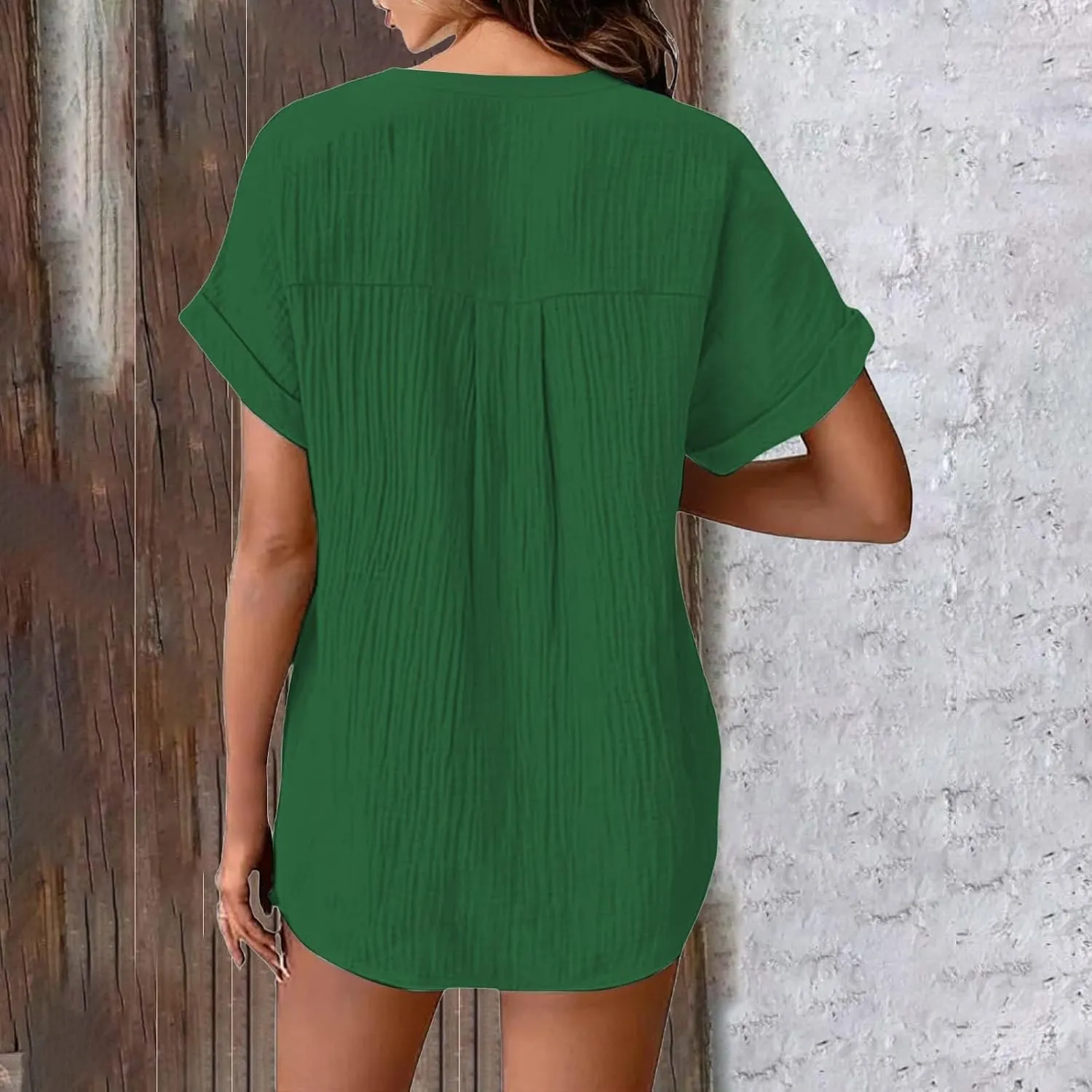 Womens Blouses Casual Tops Batwing Sleeve Pocket Patched Shirt Casual Work Dressy T Shirts Double Layer Wrinkled Fabric