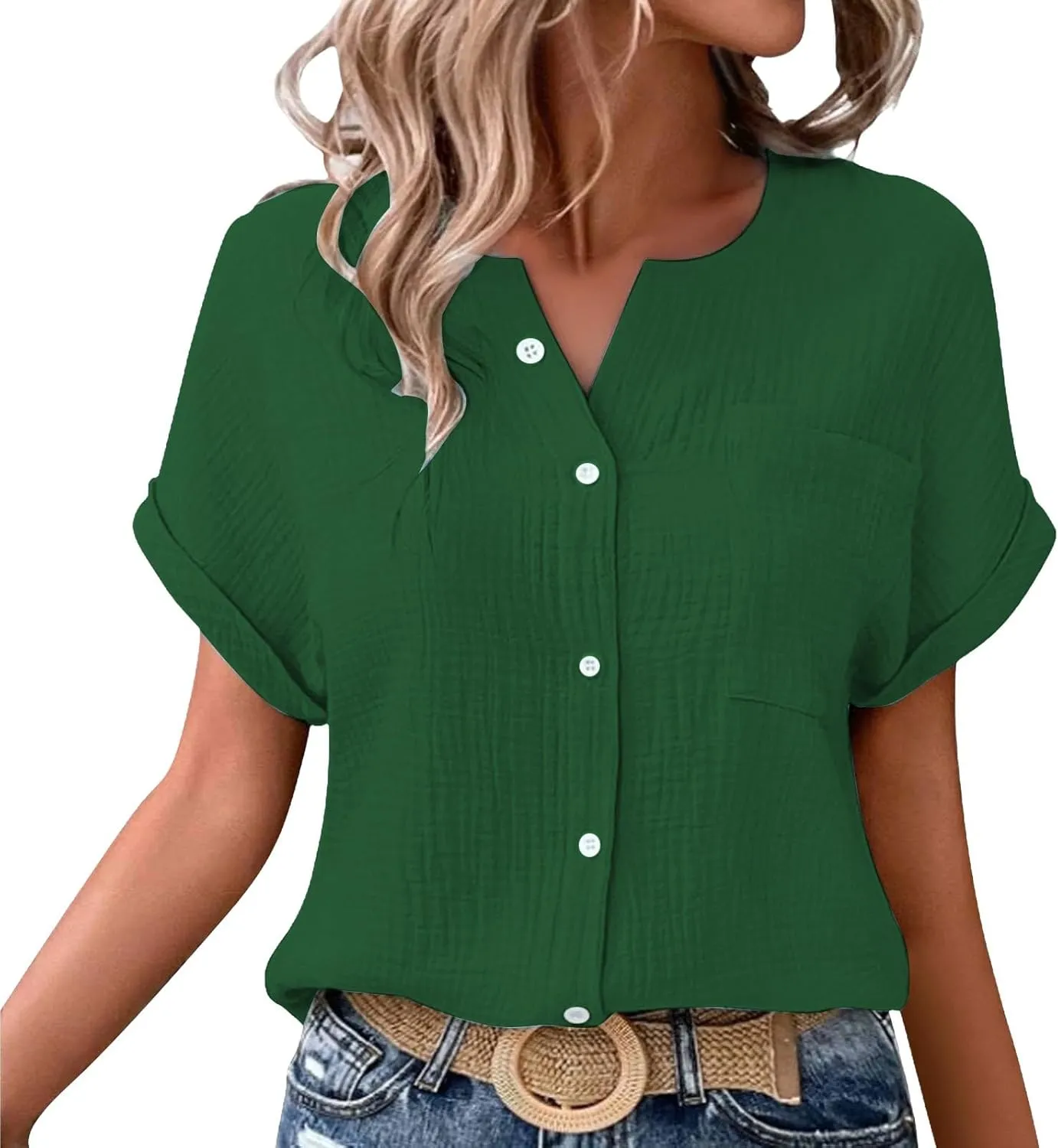 Womens Blouses Casual Tops Batwing Sleeve Pocket Patched Shirt Casual Work Dressy T Shirts Double Layer Wrinkled Fabric