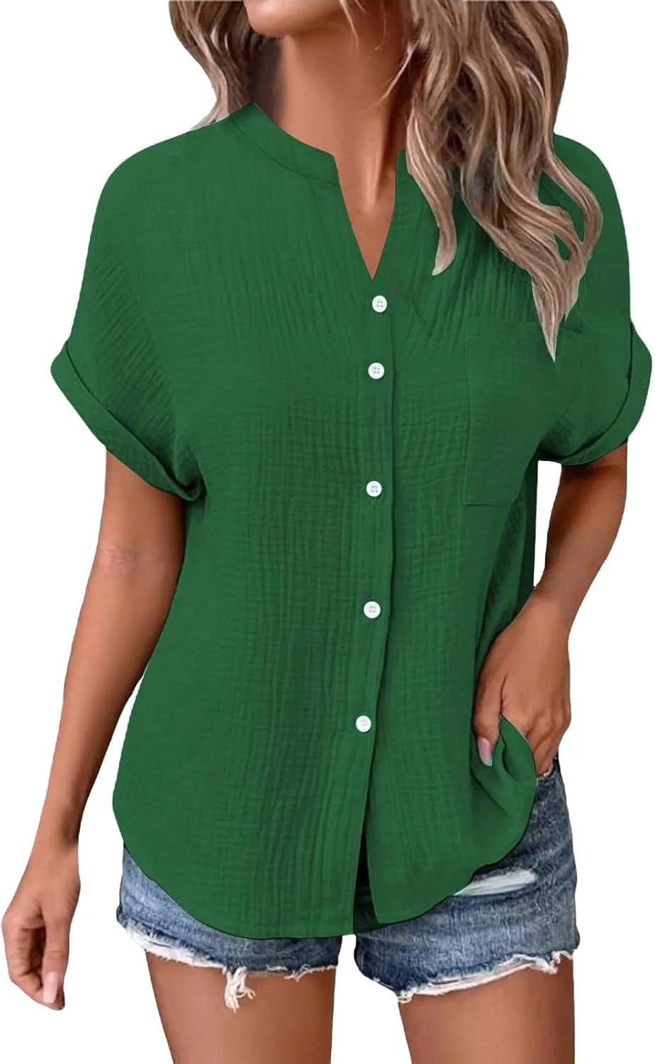 Womens Blouses Casual Tops Batwing Sleeve Pocket Patched Shirt Casual Work Dressy T Shirts Double Layer Wrinkled Fabric