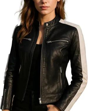Women's Caf Racer White Sleeve Stripe Motorcycle Slim Biker Black Leather Jacket
