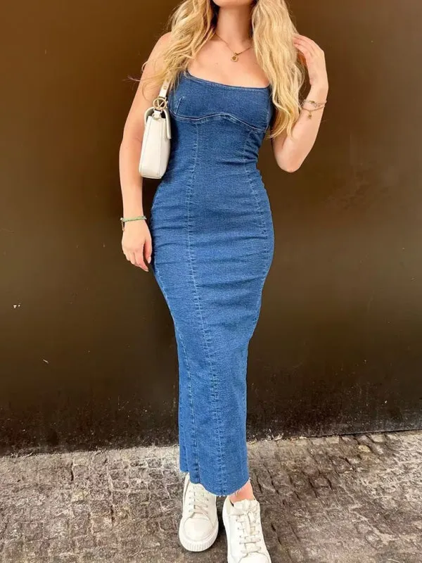 Women's elegant suspender denim long dress