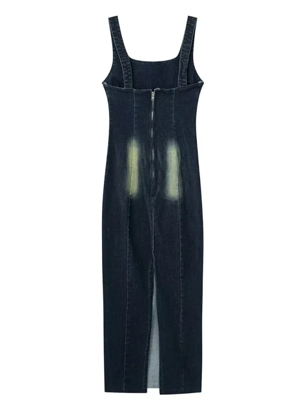 Women's elegant suspender denim long dress