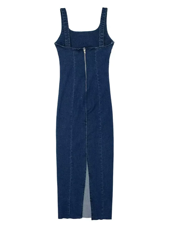 Women's elegant suspender denim long dress