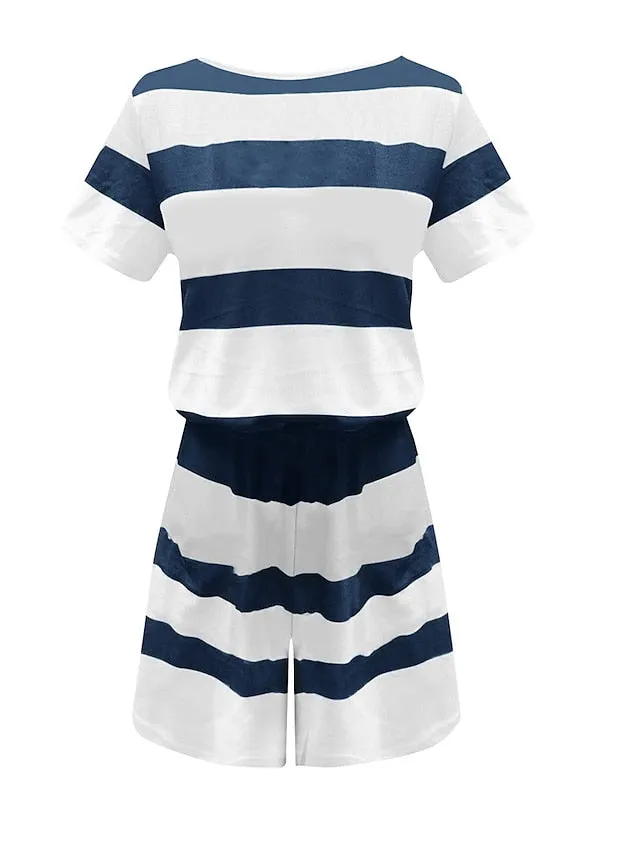 Women's Romper Pocket Print Striped V Neck Streetwear Street Daily Regular Fit Short Sleeve Black White Pink S M L Summer