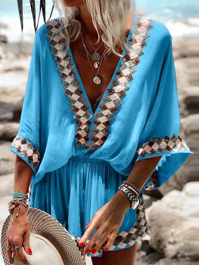 Women's Romper Print Print Deep V Boho Daily Going out Baggy Shorts Regular Fit 3/4 Length Sleeve Batwing Sleeve Blue Fuchsia Orange S M L Spring