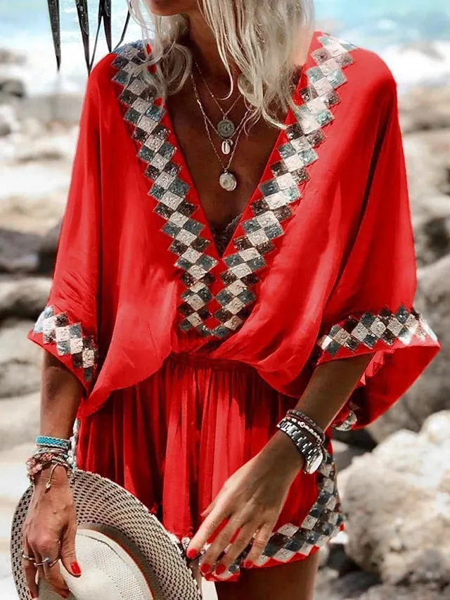 Women's Romper Print Print Deep V Boho Daily Going out Baggy Shorts Regular Fit 3/4 Length Sleeve Batwing Sleeve Blue Fuchsia Orange S M L Spring