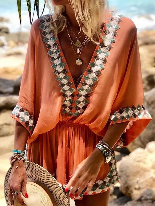 Women's Romper Print Print Deep V Boho Daily Going out Baggy Shorts Regular Fit 3/4 Length Sleeve Batwing Sleeve Blue Fuchsia Orange S M L Spring