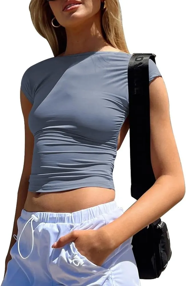 Women's Sexy Backless Top Y2K Short Sleeve T Shirts Casual Cute Crop Tops Summer