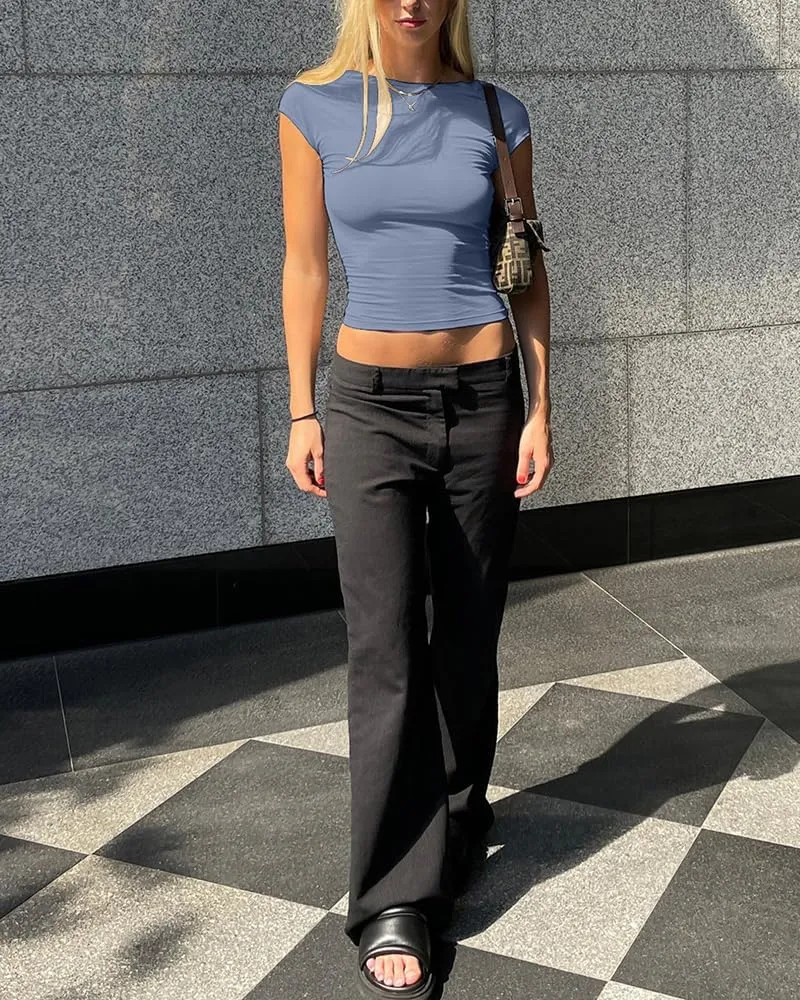 Women's Sexy Backless Top Y2K Short Sleeve T Shirts Casual Cute Crop Tops Summer