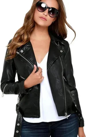 Womens Slim Fit Biker Motorcycle Real Sheepskin Black Leather Jacket
