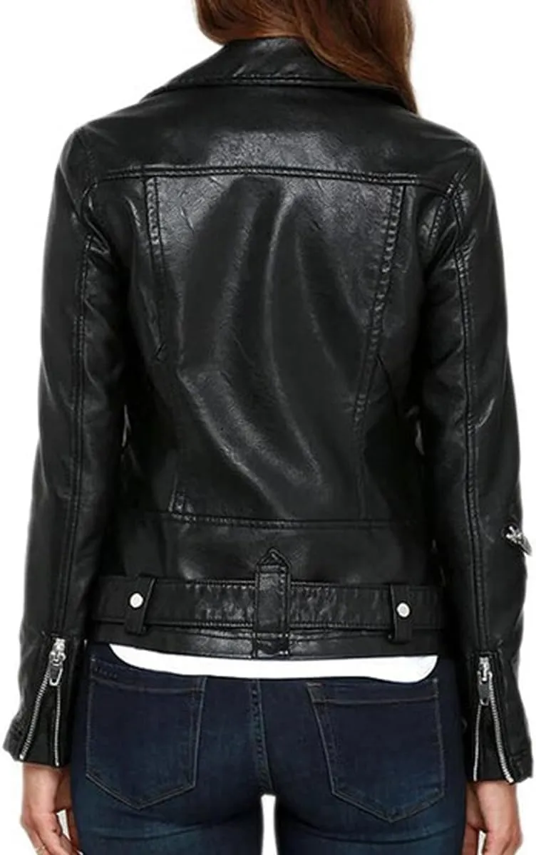 Womens Slim Fit Biker Motorcycle Real Sheepskin Black Leather Jacket