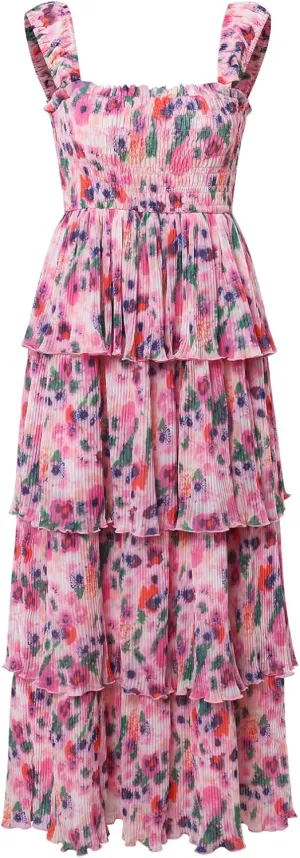 Women's Summer Floral Print Halter A-line Dress Bohemian Cake Dress Pink Dresses