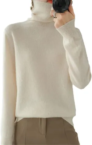 Women's Turtleneck Sweater Pure Wool with Lapel Long-Sleeve Knitted Bottoming Shirt Creamy-White S
