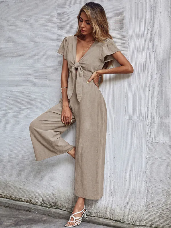 Women's woven V-neck short-sleeved casual straight cropped jumpsuit