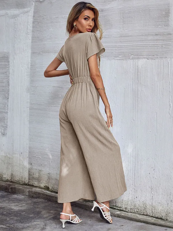 Women's woven V-neck short-sleeved casual straight cropped jumpsuit
