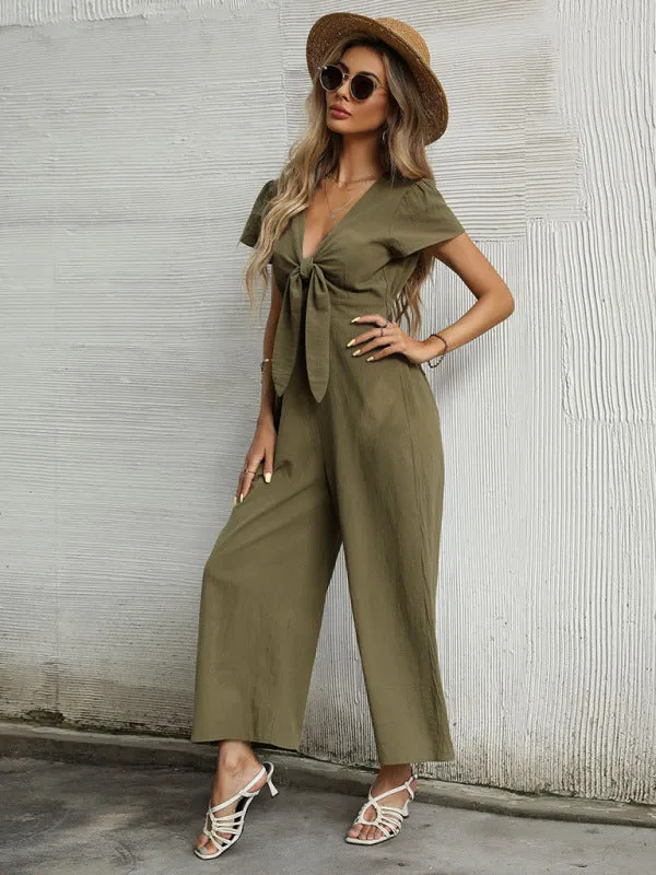 Women's woven V-neck short-sleeved casual straight cropped jumpsuit